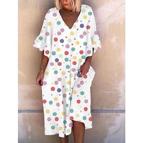 

Women's A Line Dress Knee Length Dress Photo Color Half-Sleeve Polka Dot Print Spring, Fall, Winter, Summer V Neck Casual 2021 S M L XL XXL