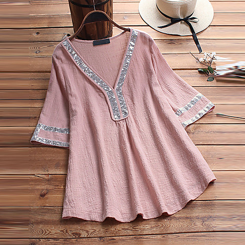 

Women's Plus Size Tops Blouse Shirt Plain Sequins Half Sleeve V Neck Basic Summer Blue Blushing Pink White Big Size L XL XXL 3XL 4XL / Cotton / Cotton