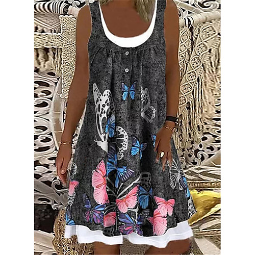 

Women's A Line Dress Knee Length Dress Blue Gray Sleeveless Butterfly Animal Print Summer Round Neck Casual 2021 XS S M L XL