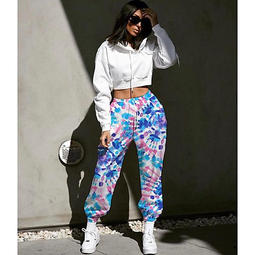 

Women's Designer Streetwear Comfort Going out Weekend Jogger Pants Abstract Tie Dye Full Length Elastic Drawstring Design Print Blue