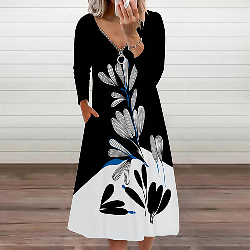 

Women's Swing Dress Knee Length Dress Blue Yellow Rainbow White Red Long Sleeve Floral Letter Zipper Print Fall V Neck Casual 2021 S M L XL XXL 3XL