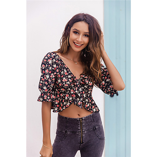 

Women's Floral Theme Crop Top Blouse Shirt Floral Lace up Ruffle Print V Neck Basic Streetwear Tops Black