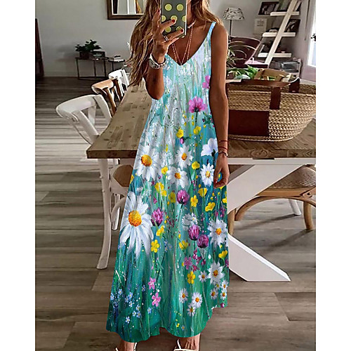 

Women's A Line Dress Maxi long Dress Blue Sleeveless Floral Print Summer V Neck Casual Holiday 2021 S M L XL XXL 3XL