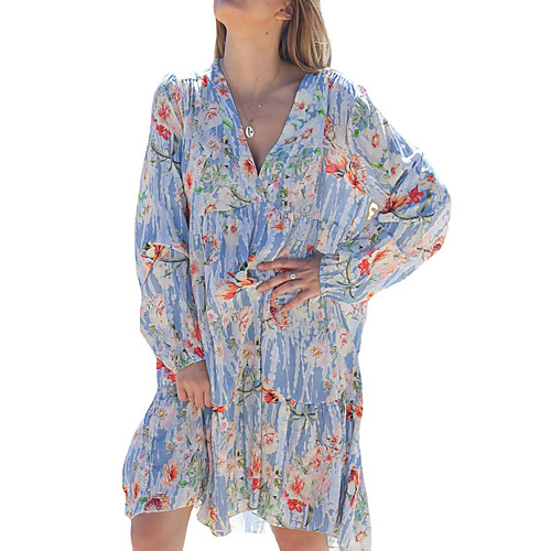 

Women's Loose Short Mini Dress Light Blue Blue Long Sleeve Floral Print Spring Summer Casual 2021 S M L XL XXL