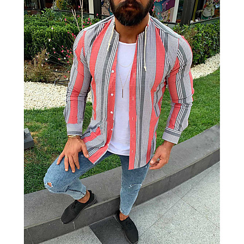 

Men's Shirt Hot Stamping Striped Print Long Sleeve Outdoor Tops Fashion Khaki Rainbow Red