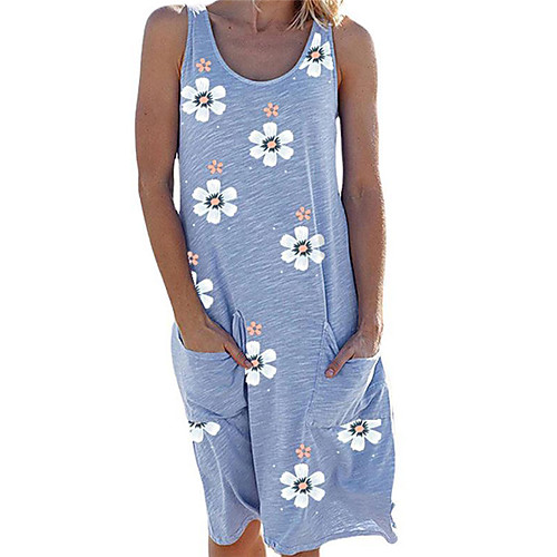 

Women's Strap Dress Knee Length Dress Blue White Light Blue Sleeveless Floral Solid Color Pocket Print Summer Round Neck Casual 2021 S M L XL / Cotton