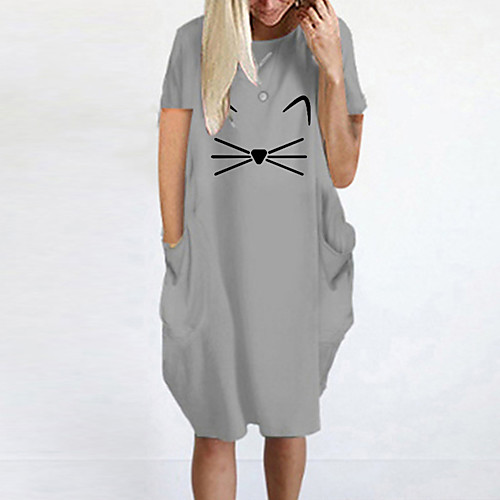 

Women's T Shirt Dress Tee Dress Knee Length Dress Blue Yellow Fuchsia Gray Green White Black Short Sleeve Cat Animal Summer Round Neck Casual Oversized 2021 S M L XL XXL 3XL 4XL 5XL