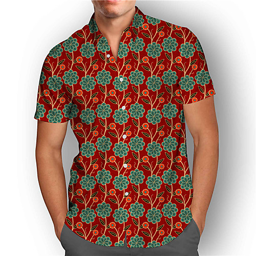 

Men's Shirt 3D Print Floral Plus Size 3D Print Button-Down Short Sleeve Street Tops Casual Fashion Breathable Comfortable Red / Sports