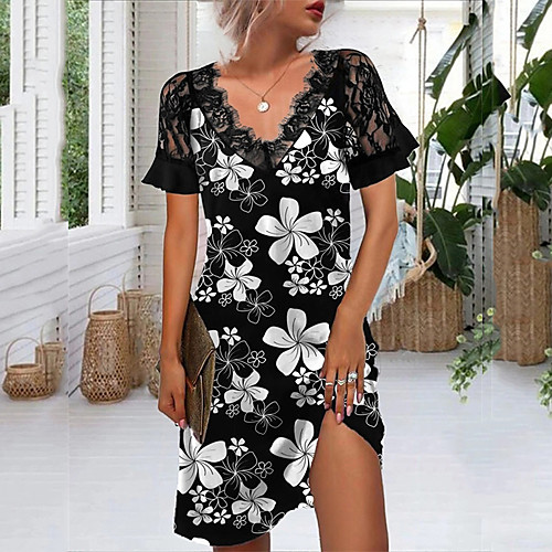 

Women's T Shirt Dress Tee Dress Knee Length Dress Yellow Blushing Pink White Short Sleeve Floral Lace Print Summer V Neck Casual 2021 S M L XL XXL 3XL