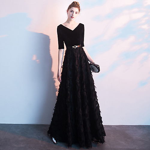 

A-Line Minimalist Elegant Wedding Guest Formal Evening Dress V Neck Half Sleeve Floor Length Tulle Velvet with Feather Sash / Ribbon 2021