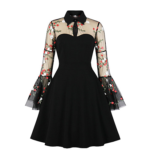 

Women's A Line Dress Short Mini Dress Black embroidery Long Sleeve Print Summer Casual 2021 S M L XL XXL