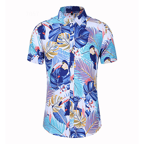 

Men's Shirt Other Prints Floral Color Block Leaves Print Short Sleeve Street Tops Fashion Streetwear Cool Beach Blue Green Royal Blue