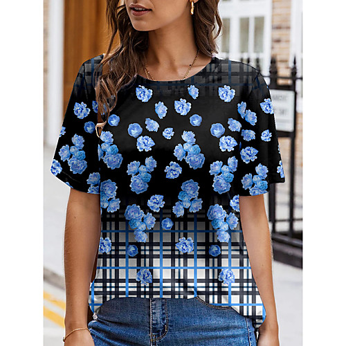 

Women's Floral Theme Painting T shirt Floral Plaid Print Round Neck Basic Tops Blue Purple Yellow
