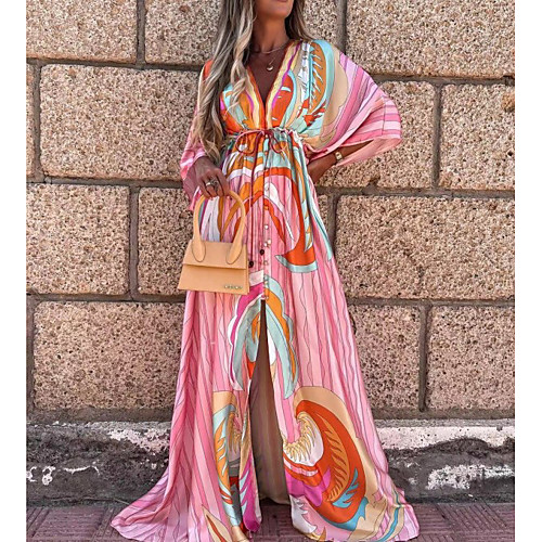 

Women's Swing Dress Maxi long Dress Blushing Pink 3/4 Length Sleeve Floral Lace up Zipper Button Fall Spring V Neck Boho Holiday Beach Butterfly Sleeve 2021 S M L XL XXL / Print