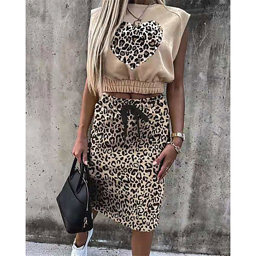 

Women's Basic Leopard Daily Two Piece Set Blouse Crop Skirt Patchwork Print Tops