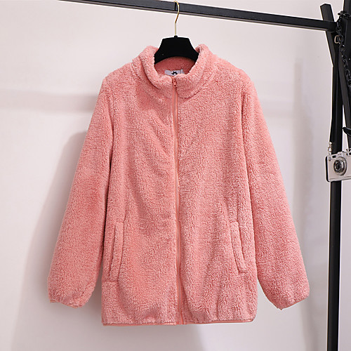 

Women's Plus Size Teddy Coat Zipper Pocket Regular Standing Collar Holiday Going out Fall & Winter Blushing Pink White Big Size XXL 3XL 4XL 5XL 6XL