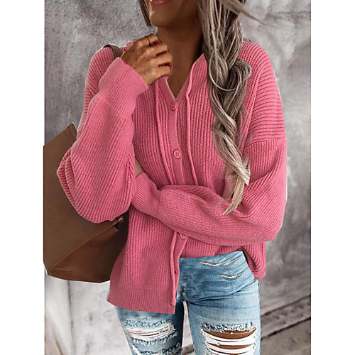 

Women's Casual Button Solid Color Cardigan Long Sleeve Sweater Cardigans V Neck Hooded Fall Winter Creamy-white Shallow Khaki Blue / Holiday / Loose