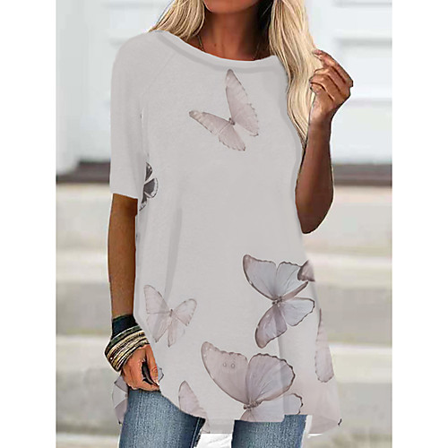 

Women's T Shirt Dress Tee Dress Short Mini Dress Gray White Half Sleeve Butterfly Animal Print Fall Summer Round Neck Casual 2021 S M L XL XXL 3XL