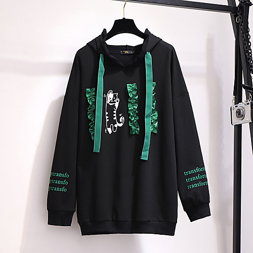 

Women's Plus Size Tops Pullover Hoodie Sweatshirt Cat Letter Animal Print Long Sleeve Cowl Neck Basic Summer Black Light Green Big Size XXL 3XL 4XL 5XL 6XL / Cotton