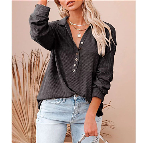 

Women's Casual Modern Style Solid Color Pullover Sweater Long Sleeve Sweater Cardigans V Neck Fall Winter Blue Blushing Pink White