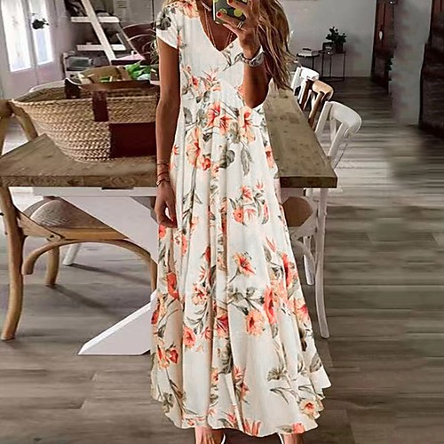 

Women's T Shirt Dress Tee Dress Maxi long Dress Blushing Pink Short Sleeve Floral Print Summer V Neck Casual 2021 S M L XL XXL