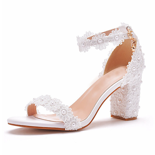 

Women's Wedding Shoes Chunky Heel Open Toe Party Wedding Faux Leather Pearl Lace Solid Colored White