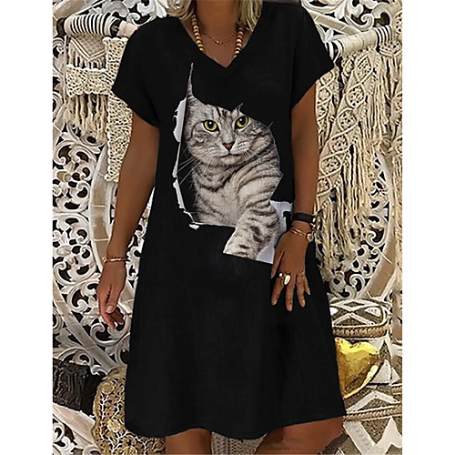 

Women's T Shirt Dress Tee Dress Knee Length Dress Black Short Sleeve Cat Animal Print Spring Summer V Neck Casual Holiday 2021 S M L XL XXL 3XL