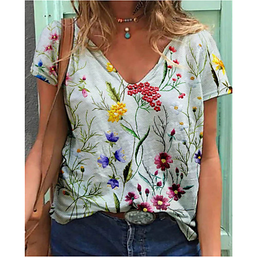 

Women's Floral Theme T shirt Flower V Neck Basic Tops Rainbow