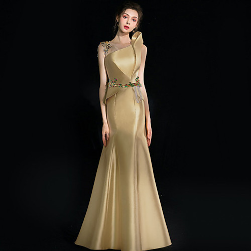 

Mermaid / Trumpet Sheath / Column Elegant Floral Prom Formal Evening Dress Jewel Neck Sleeveless Floor Length Italy Satin with Embroidery Appliques 2021