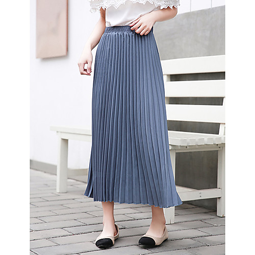 

Women's Vacation Casual / Daily Basic Streetwear Maxi Skirts Solid Colored Pleated Blue Wine Gray