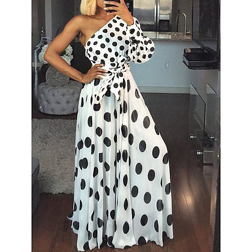 

Women's Swing Dress Maxi long Dress White Long Sleeve Dot Bowknot Spring Summer One Shoulder Casual 2021 S M L XL