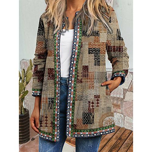 

Women's Coat Daily Spring & Fall Winter Regular Coat Regular Fit Casual Jacket Long Sleeve Color Block Print Khaki / Holiday