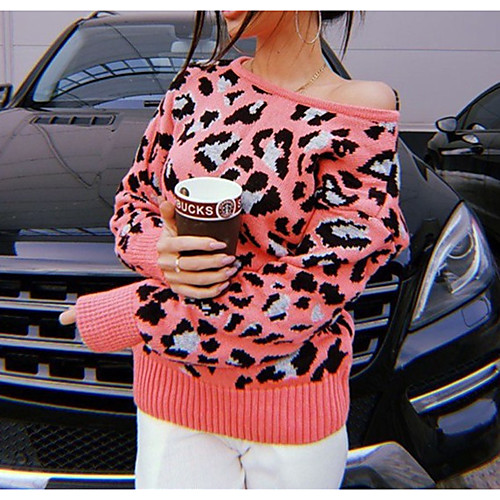 

Women's Sexy Backless Lace up Leopard Print Pullover Sweater Long Sleeve Sweater Cardigans Wide collar Fall Spring Sand color White Red