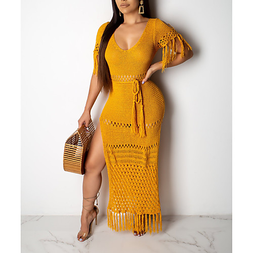 

Women's Wrap Dress Maxi long Dress Yellow Short Sleeve Solid Color Summer Sexy 2021 S M L XL