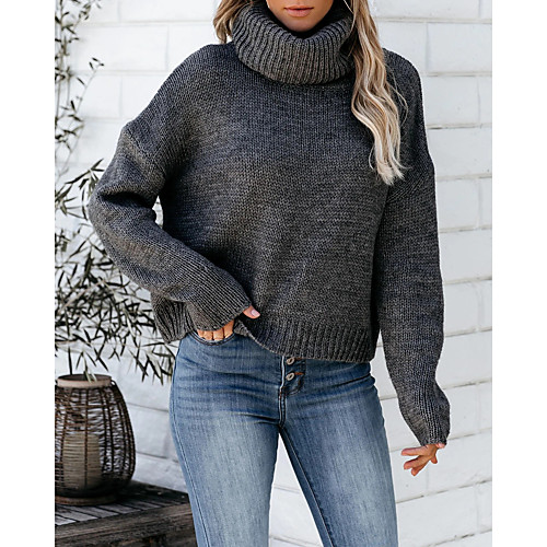 

Women's Solid Color Sweater Long Sleeve Sweater Cardigans High Neck Charcoal Yellow Gray