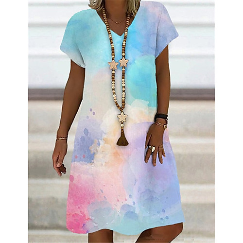 

Women's T Shirt Dress Tee Dress Knee Length Dress Rainbow Short Sleeve Print Color Gradient Print Spring Summer V Neck Casual Holiday 2021 S M L XL XXL 3XL