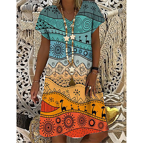 

Women's T Shirt Dress Tee Dress Knee Length Dress Blue Short Sleeve Print Geometric Print Summer V Neck Casual Holiday 2021 S M L XL XXL 3XL