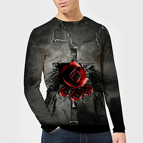 

Men's Unisex Tee T shirt Shirt 3D Print Graphic Prints Rose Print Long Sleeve Daily Tops Casual Designer Big and Tall Gray