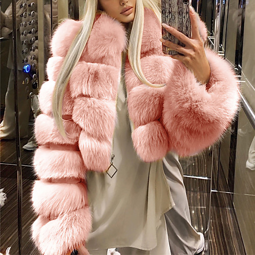 

Women's Fur Coat Daily Fall & Winter Regular Coat Regular Fit Basic Jacket Long Sleeve Solid Colored Blue Blushing Pink