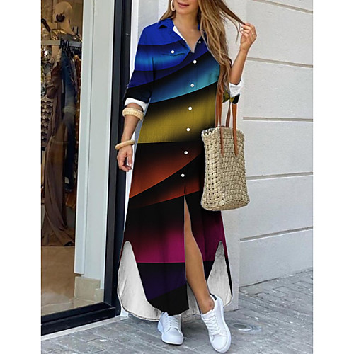 

Women's Shirt Dress Maxi long Dress Rainbow Long Sleeve Print Color Block Print Spring Summer Shirt Collar Casual 2021 S M L XL XXL 3XL