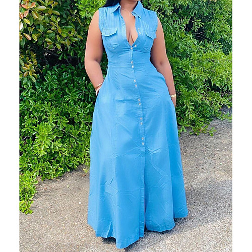 

Women's Swing Dress Maxi long Dress Light Blue Black Red Navy Blue Sleeveless Solid Color Pocket Button Spring Summer Shirt Collar Casual Belt Not Included 2021 XL 2XL 3XL 4XL 5XL