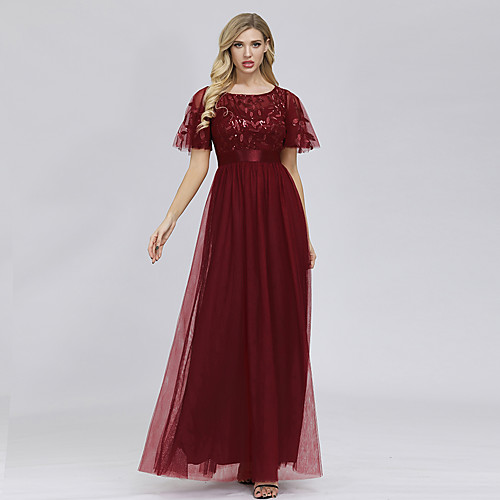 

A-Line Empire Elegant Party Wear Prom Dress Jewel Neck Short Sleeve Floor Length Tulle with Embroidery 2021