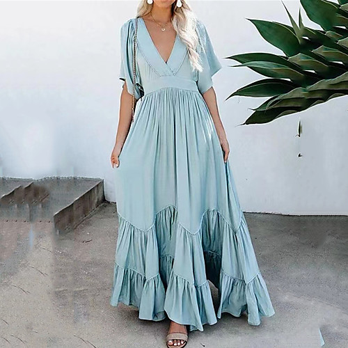 

Women's A Line Dress Maxi long Dress Blue Yellow Blushing Pink Gray Green Half Sleeve Solid Color Ruffle Fall Summer V Neck Casual 2021 S M L XL XXL