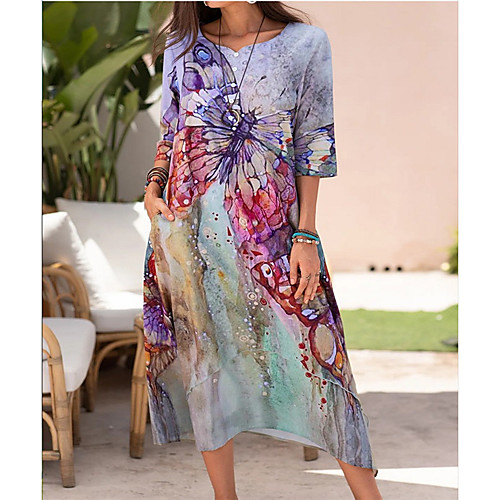 

Women's A Line Dress Midi Dress Light Blue 3/4 Length Sleeve Butterfly Flower Button Spring Summer Round Neck Casual Holiday Loose 2021 S M L XL XXL XXXL 4XL 5XL