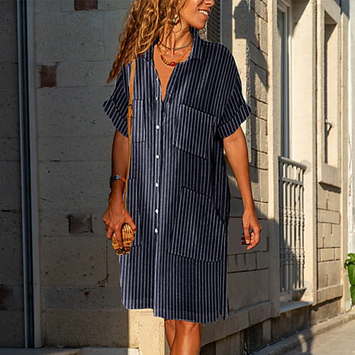 

Women's Shirt Dress Short Mini Dress White Dark Blue Short Sleeve Stripes Printing Spring Summer Shirt Collar Casual 2021 S M L XL 2XL