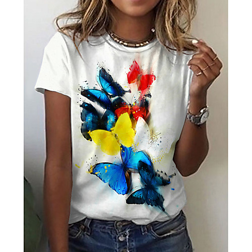 

Women's Butterfly Painting T shirt Butterfly Animal Print Round Neck Basic Tops White
