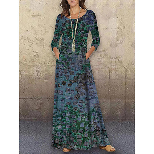

Women's Shift Dress Maxi long Dress Green 3/4 Length Sleeve Print Color Block Print Spring Summer Round Neck Casual Holiday 2021 S M L XL XXL 3XL