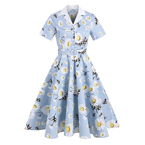 

Women's Midi Dress Light Blue Short Sleeve Flower Vintage Style Spring Summer Collar Active Elegant 2021 S M L XL XXL