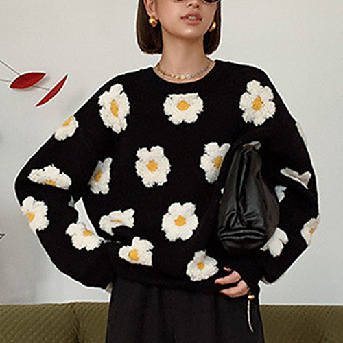 

Women's Stylish Knitted Floral Sweater Long Sleeve Sweater Cardigans Crew Neck Fall Winter Green Black