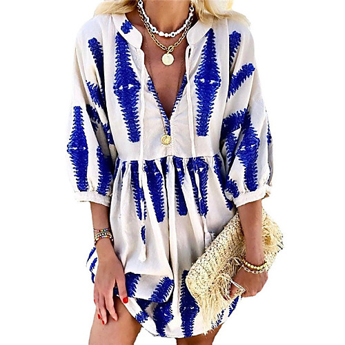 

Women's A Line Dress Short Mini Dress Blue 3/4 Length Sleeve Color Block Zipper Print Fall Summer V Neck Casual 2021 S M L XL XXL